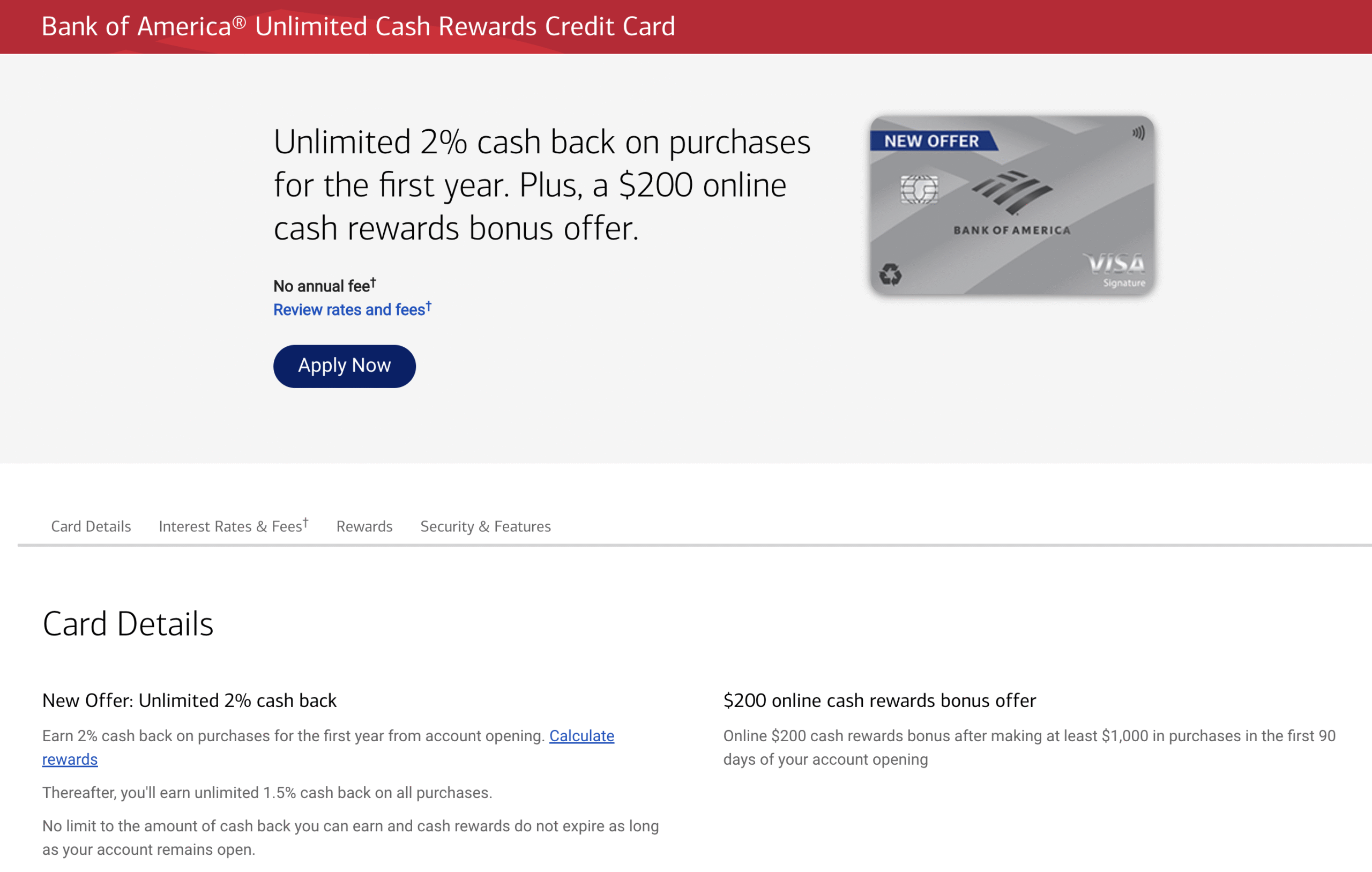 Bank of America Unlimited Cash Rewards Card: $200 Signup Bonus + 2%/3.12% Cashback During First Year