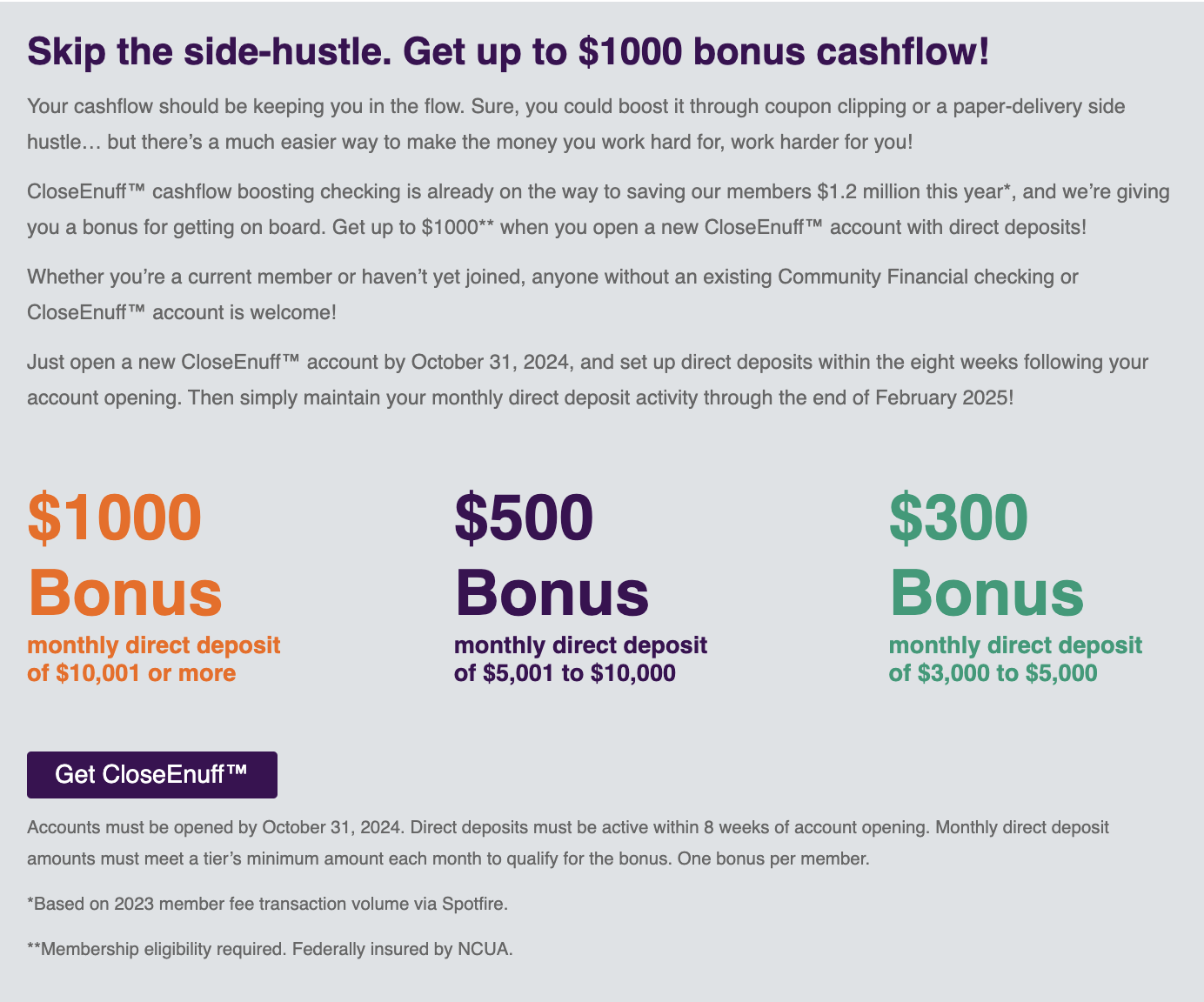 [MI] Community Financial Credit Union $1,000 Checking Bonus